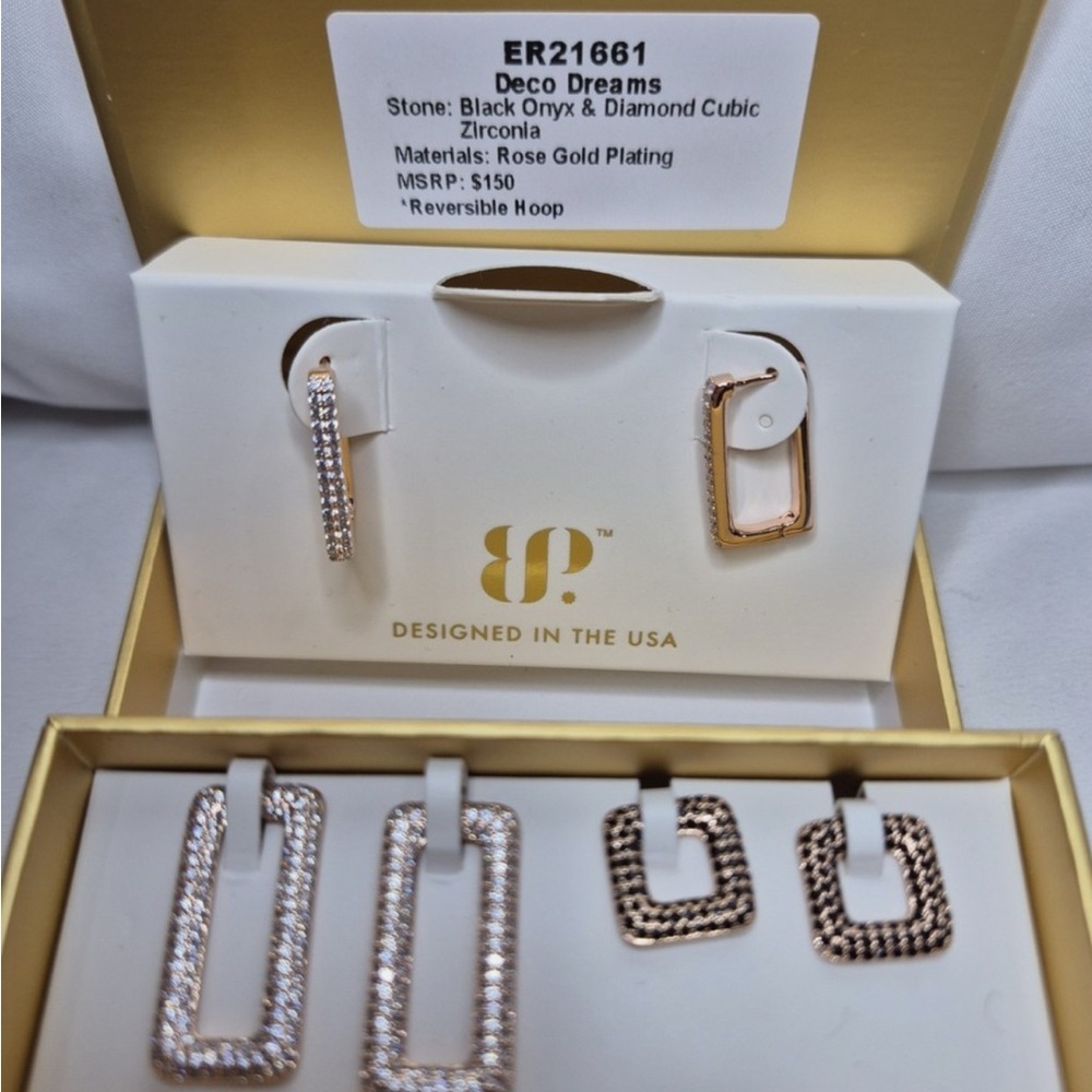 Bomb Party Charming Hoops "Deco Dreams" Black Onyx & CZ On Rose Gold Plating